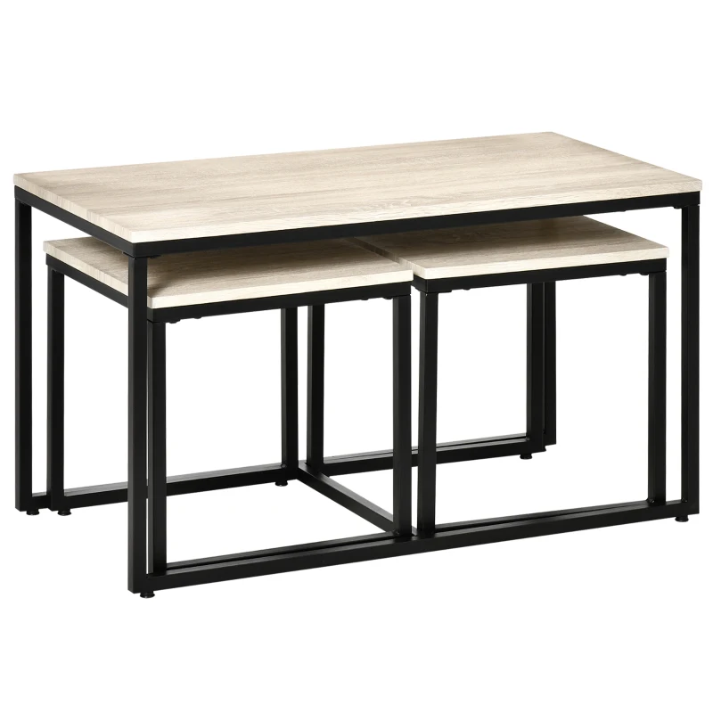 HOMCOM Nesting Coffee Table Set of 3, Modern End Tables with Black Metal Frame for Living Room Home Furniture, Natural