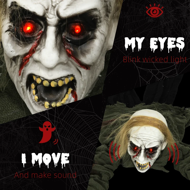 HOMCOM 66" Outdoor Halloween Decoration Crawling Zombie, Animated Prop Decor with Sound Activated, Light Up Eyes