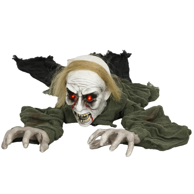HOMCOM 66" Outdoor Halloween Decoration Crawling Zombie, Animated Prop Decor with Sound Activated, Light Up Eyes