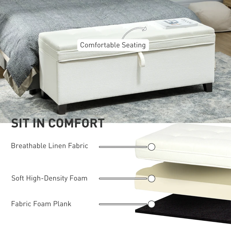 HOMCOM Storage Ottoman Bench, Foot Rest with Safety Hinges, 47 Inches Linen Storage Chest for Living Room, Cream White