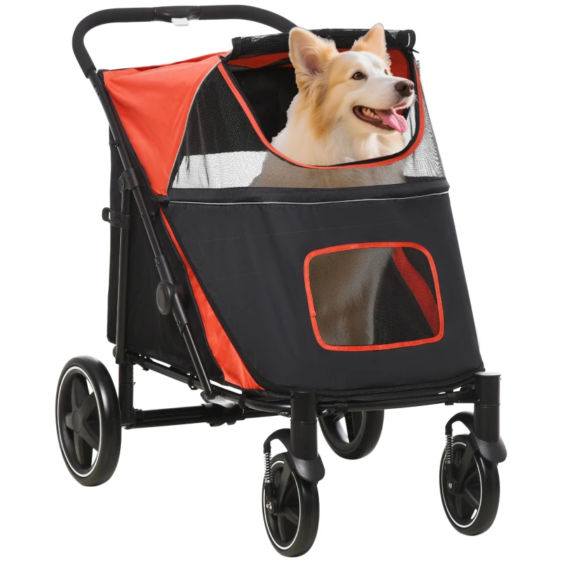 PawHut Dog Stroller for Large Medium Small Dogs up to 66 Lbs. 23.5" in Body Length, One-Click Foldable Pet Cat Stroller with Storage, Shock Absorption Wheels, Mesh Window, Safety Leash, Red