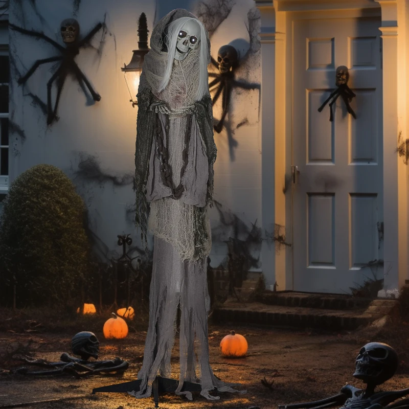 Outsunny 6ft Life Size Outdoor Halloween Decoration Skeleton Witch, Animated Prop with Light Up Eyes, Spooky Sound
