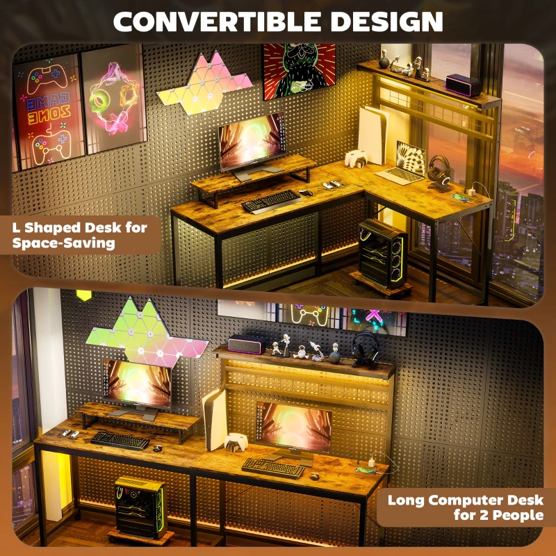 HOMCOM 61.6" L Shaped Gaming Desk with Power Outlets & LED Lights, Computer Desk with Monitor Stand and CPU Shelf, Rustic Brown