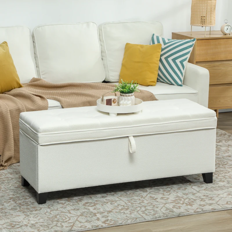 HOMCOM Storage Ottoman Bench, Foot Rest with Safety Hinges, 47 Inches Linen Storage Chest for Living Room, Cream White