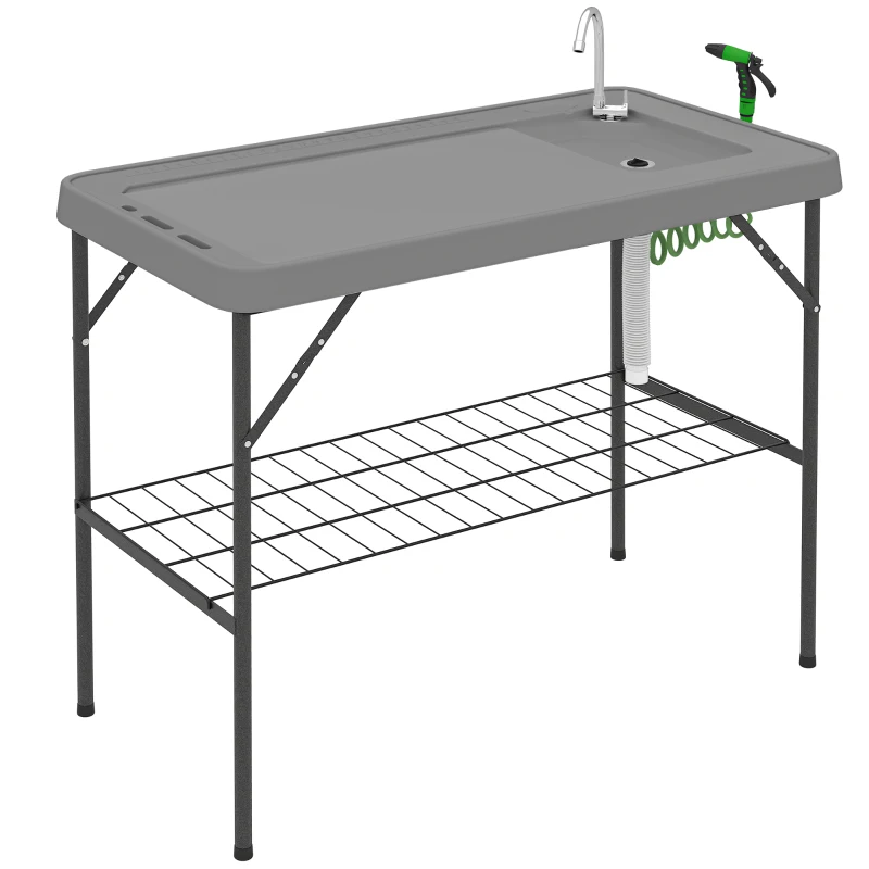 Outsunny Folding Fish Cleaning Table with Sink, Portable Camping Table with Faucet, Drainage Hose, Sprayer and Shelf, Gray