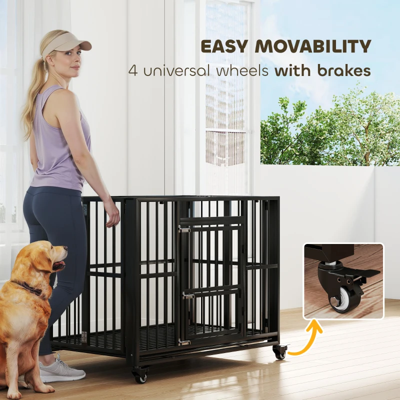 PawHut 43" Heavy Duty Dog Crate, Strong Steel Foldable Large Dog Crate with 4 Lockable Wheels, Double Doors, Openable Top and Removable Trays for Medium and Large Dogs, Black
