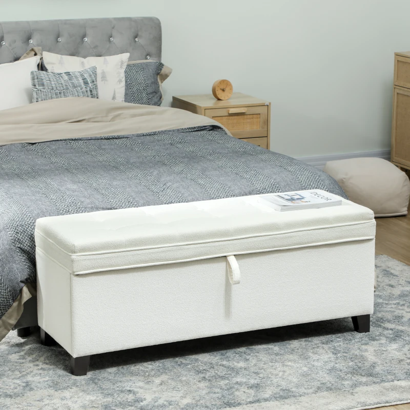 HOMCOM Storage Ottoman Bench, Foot Rest with Safety Hinges, 47 Inches Linen Storage Chest for Living Room, Cream White