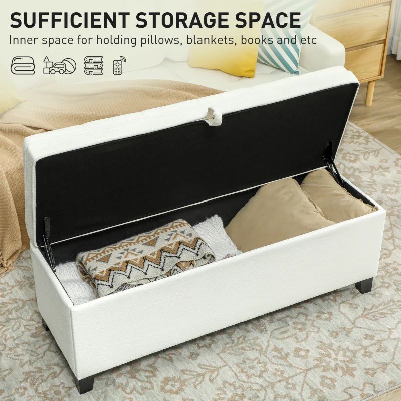 HOMCOM Storage Ottoman Bench, Foot Rest with Safety Hinges, 47 Inches Linen Storage Chest for Living Room, Cream White