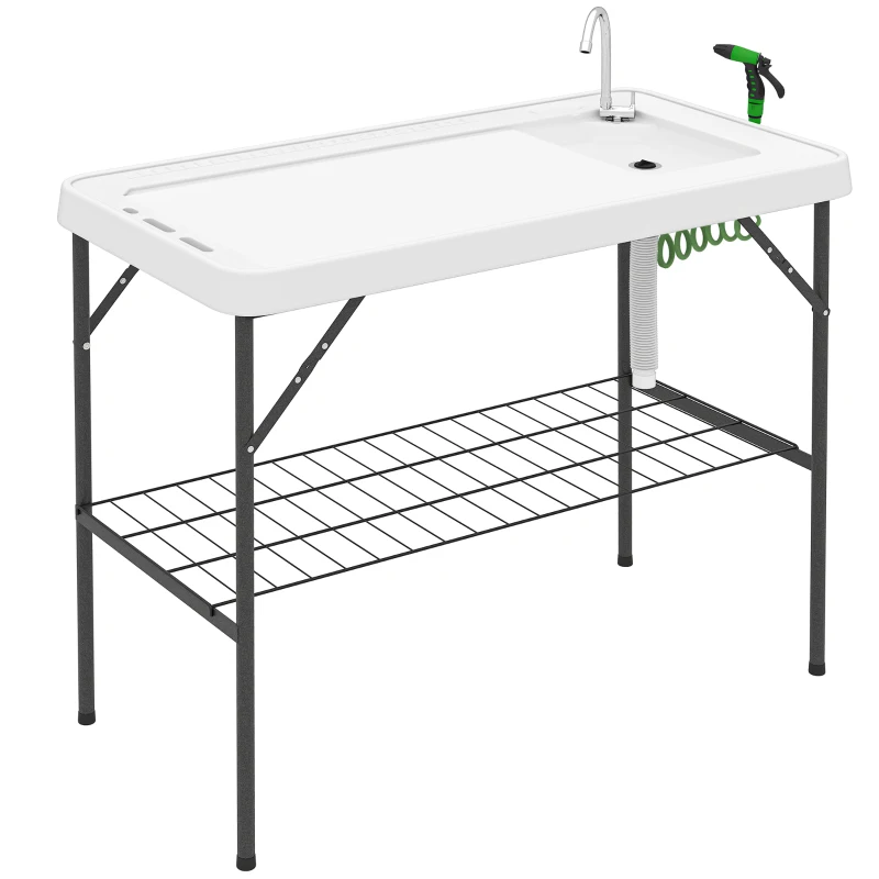 Outsunny Folding Fish Cleaning Table with Sink, Portable Camping Table with Faucet, Drainage Hose, Sprayer and Shelf, White
