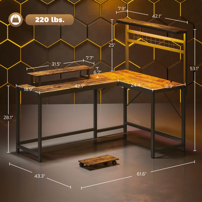 HOMCOM 61.6" L Shaped Gaming Desk with Power Outlets & LED Lights, Computer Desk with Monitor Stand and CPU Shelf, Rustic Brown