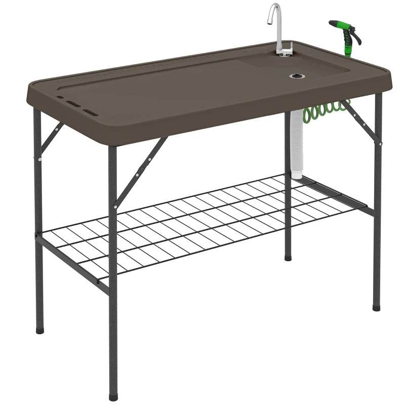 Outsunny Folding Fish Cleaning Table with Sink, Portable Camping Table with Faucet, Drainage Hose, Sprayer and Shelf, Tan