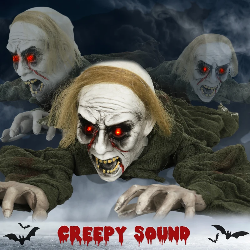 HOMCOM 66" Outdoor Halloween Decoration Crawling Zombie, Animated Prop Decor with Sound Activated, Light Up Eyes