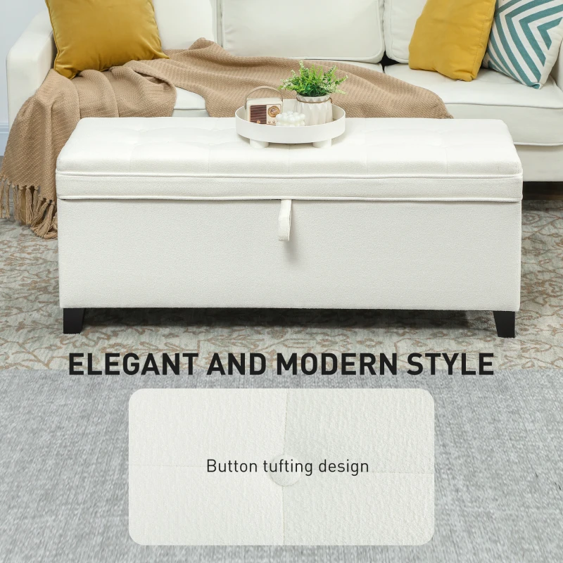 HOMCOM Storage Ottoman Bench, Foot Rest with Safety Hinges, 47 Inches Linen Storage Chest for Living Room, Cream White
