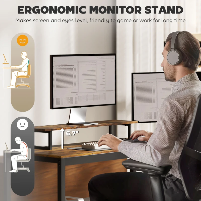 HOMCOM 61.6" L Shaped Gaming Desk with Power Outlets & LED Lights, Computer Desk with Monitor Stand and CPU Shelf, Rustic Brown