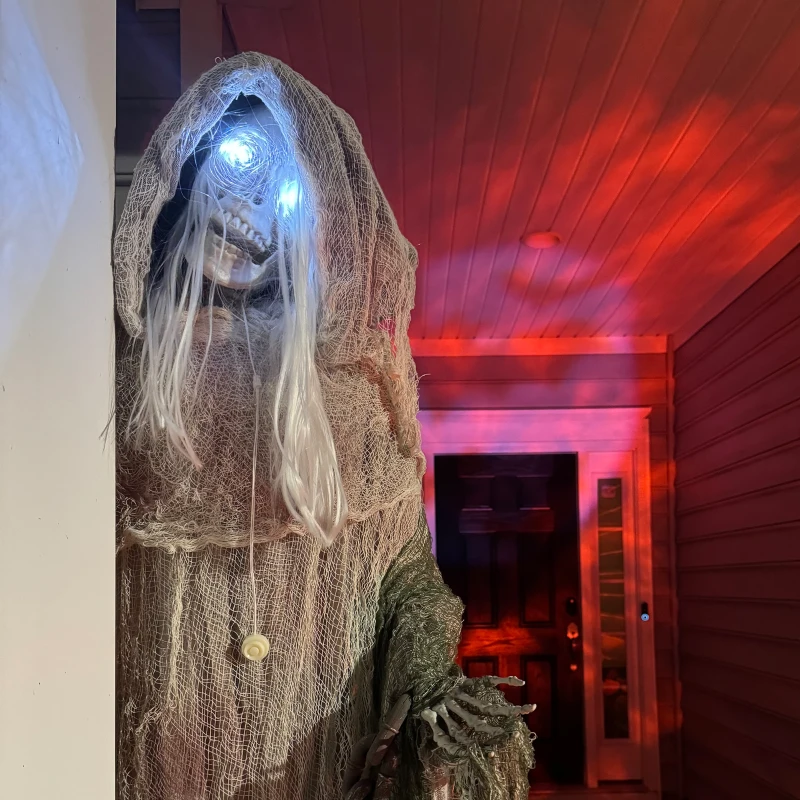 Outsunny 6ft Life Size Outdoor Halloween Decoration Skeleton Witch, Animated Prop with Light Up Eyes, Spooky Sound