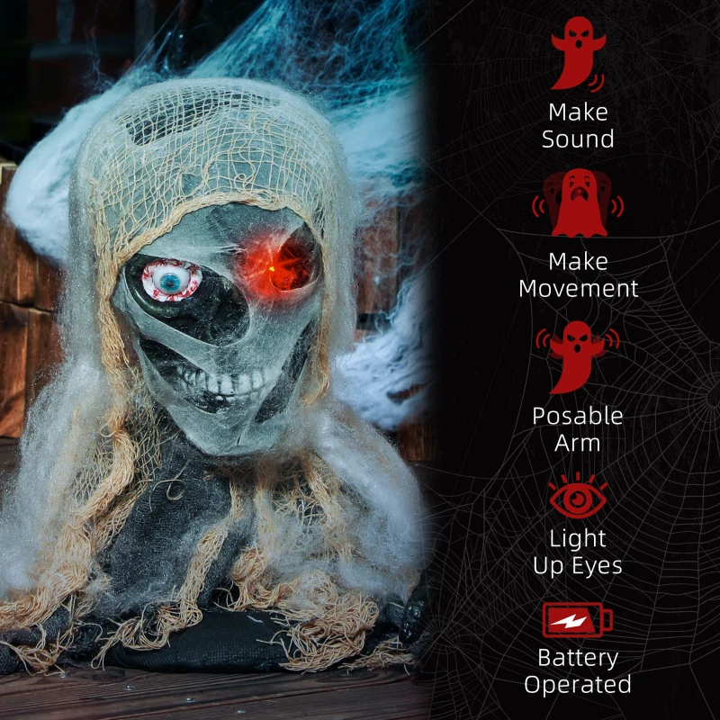 HOMCOM Halloween Animated Mummy with Glowing LED Eyes, Animatronic Halloween Decoration, Battery Operated