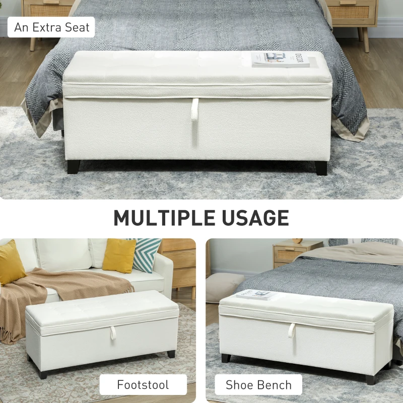 HOMCOM Storage Ottoman Bench, Foot Rest with Safety Hinges, 47 Inches Linen Storage Chest for Living Room, Cream White