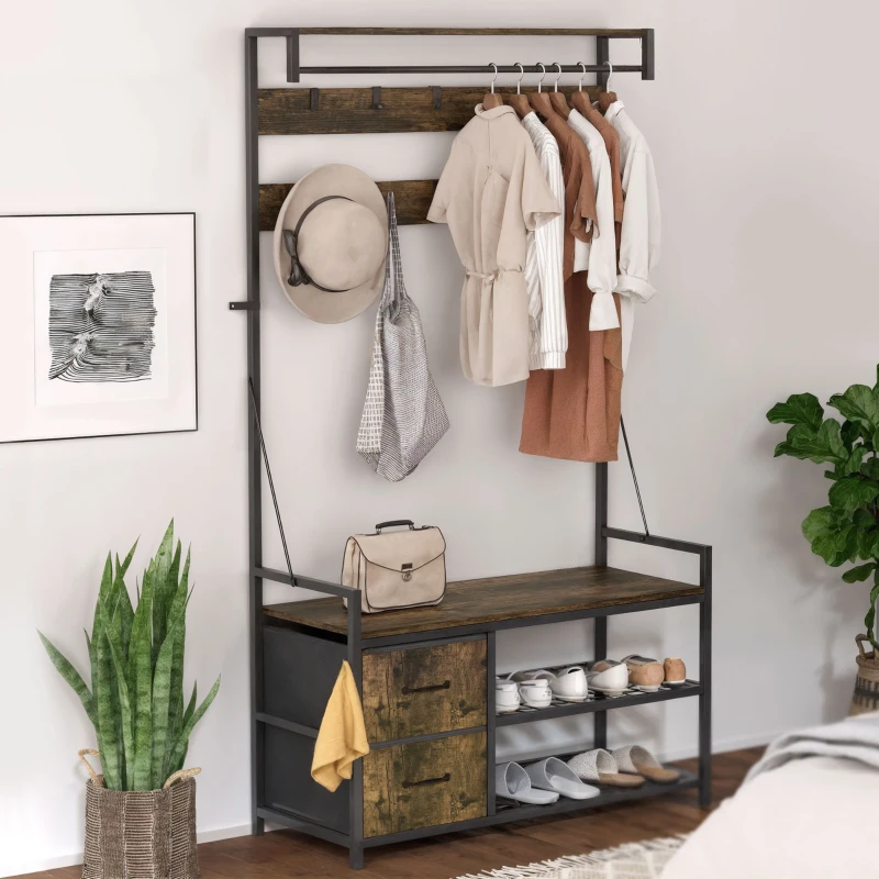 HOMCOM 6-In-1 Hall Tree with Bench and Shoe Storage, Coat Rack Shoe Bench with 10 Hooks, 2 Fabric Drawers, Rustic Brown