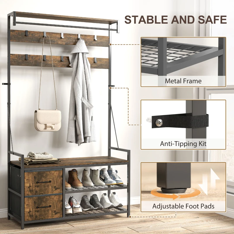 HOMCOM 6-In-1 Hall Tree with Bench and Shoe Storage, Coat Rack Shoe Bench with 10 Hooks, 2 Fabric Drawers, Rustic Brown
