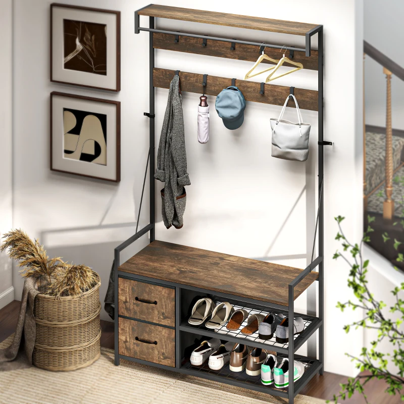HOMCOM 6-In-1 Hall Tree with Bench and Shoe Storage, Coat Rack Shoe Bench with 10 Hooks, 2 Fabric Drawers, Rustic Brown