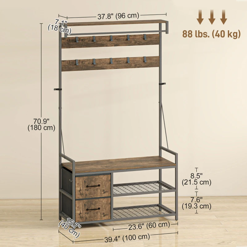 HOMCOM 6-In-1 Hall Tree with Bench and Shoe Storage, Coat Rack Shoe Bench with 10 Hooks, 2 Fabric Drawers, Rustic Brown