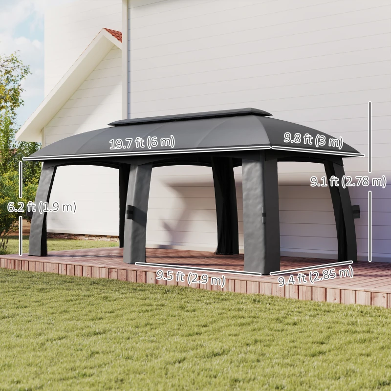 Outsunny 10' x 20' Patio Gazebo, Outdoor Gazebo Canopy Shelter with Netting, Vented Roof for Garden Dark Grey