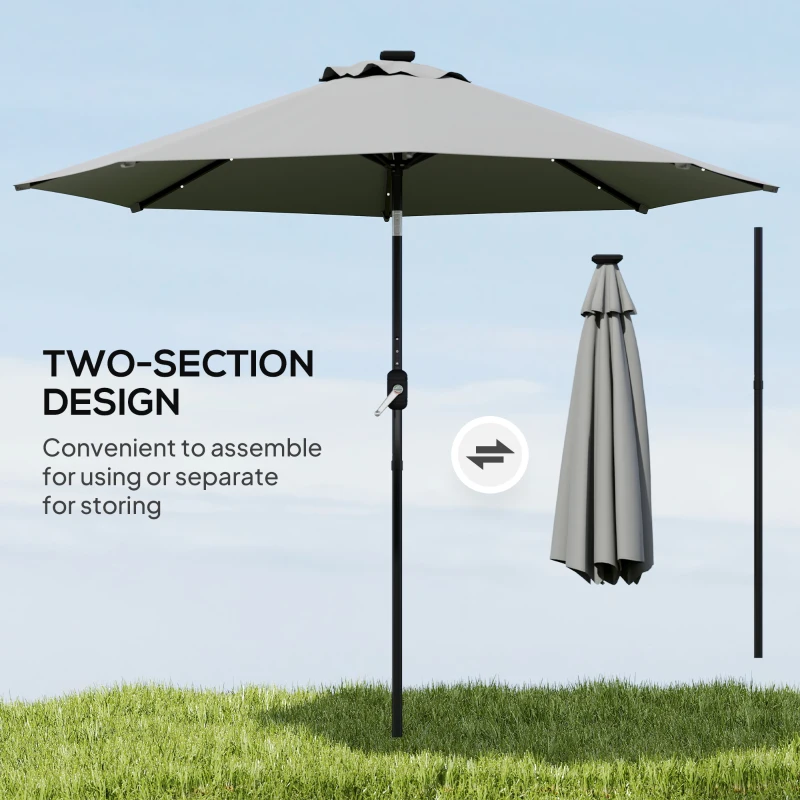 Outsunny 8.8 ft Solar Powered Outdoor Patio Umbrella Round Market Table Umbrella with Adjustable LED Lights Tilt Crank Dark Grey