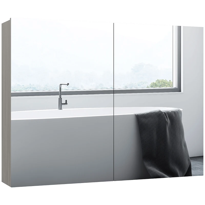 HOMCOM Bathroom Mirror Cabinet, Wall-Mounted Storage Organizer with Double Doors, Adjustable Shelf, Grey