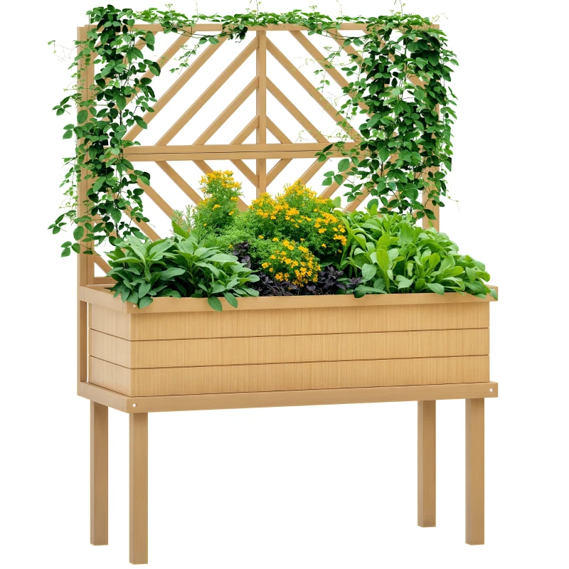 Outsunny Elevated Wood Planter with Trellis for Climbing Plants, Raised Garden Bed with Legs and Drainage Holes, Natural Wood