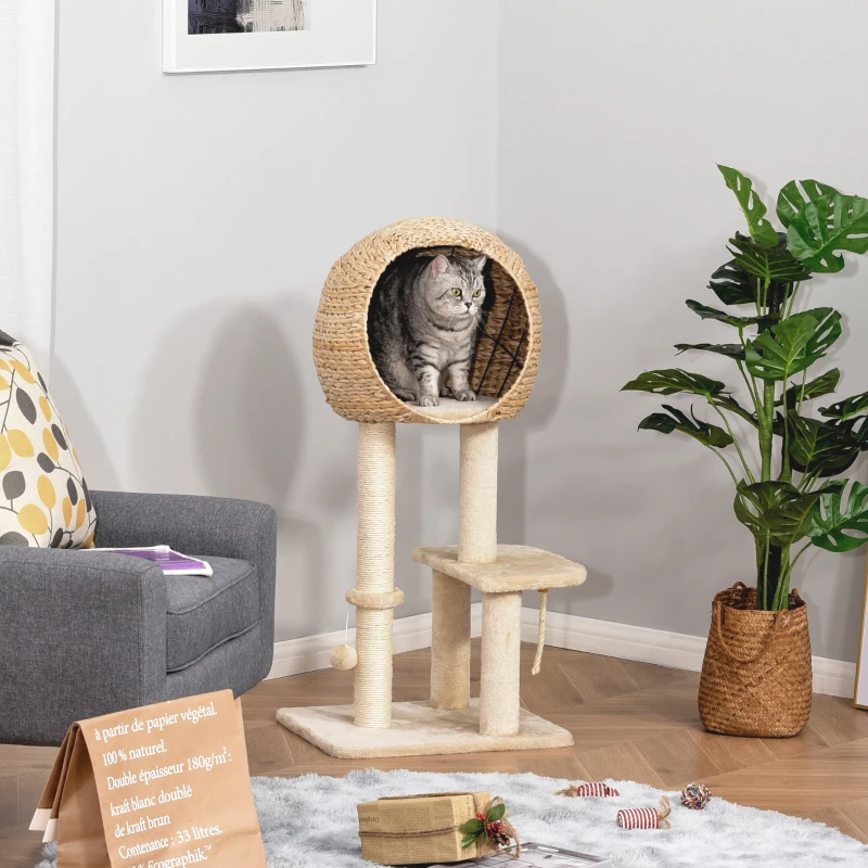 PawHut 39" H Cat Tree with Sisal Scratching Post, Condo, Plush Perch, Hanging Rope and Hanging Ball, Beige