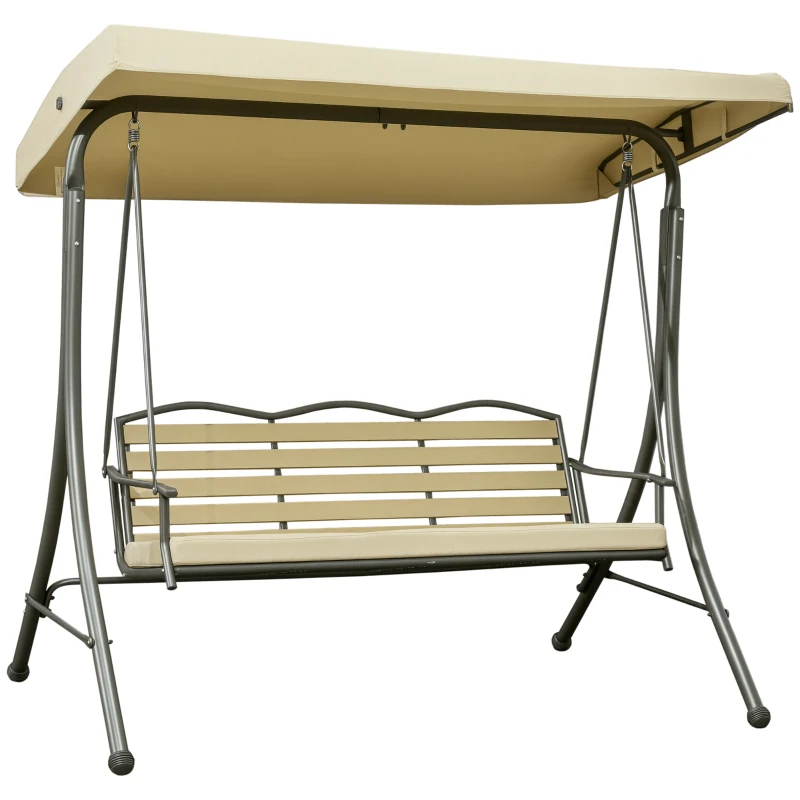 Outsunny 3-Seat Patio Swing Chair, Outdoor Canopy Swing Glider with Cushion, Adjustable Shade, and Slatted Design, for Porch