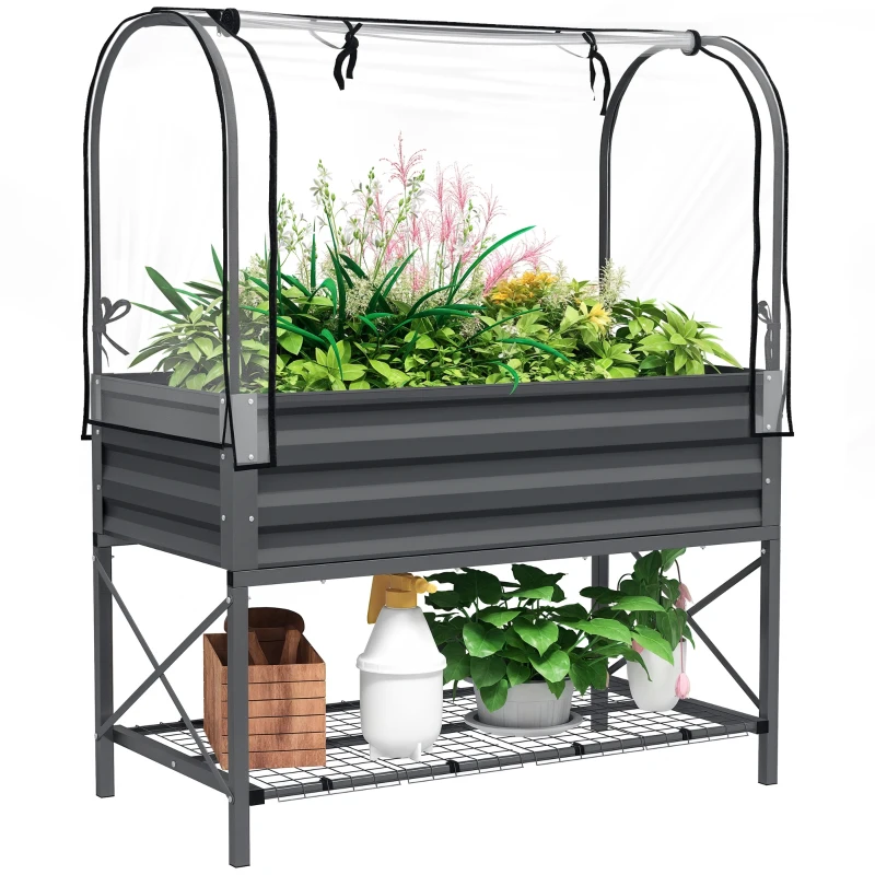 Outsunny Raised Garden Bed with Legs and Cover, Metal Elevated Planter Box with Bottom Shelf and Liner for Vegetables, Dark Gray