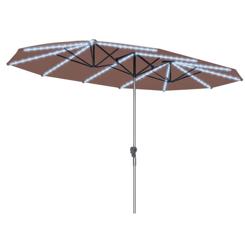 Outsunny 15ft Double-Sided Outdoor Umbrella with Solar Lights, UPF50+ Extra Large Aluminum Patio Umbrella with Crank, Tan