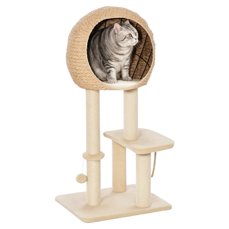 PawHut 39" H Cat Tree with Sisal Scratching Post, Condo, Plush Perch, Hanging Rope and Hanging Ball, Beige