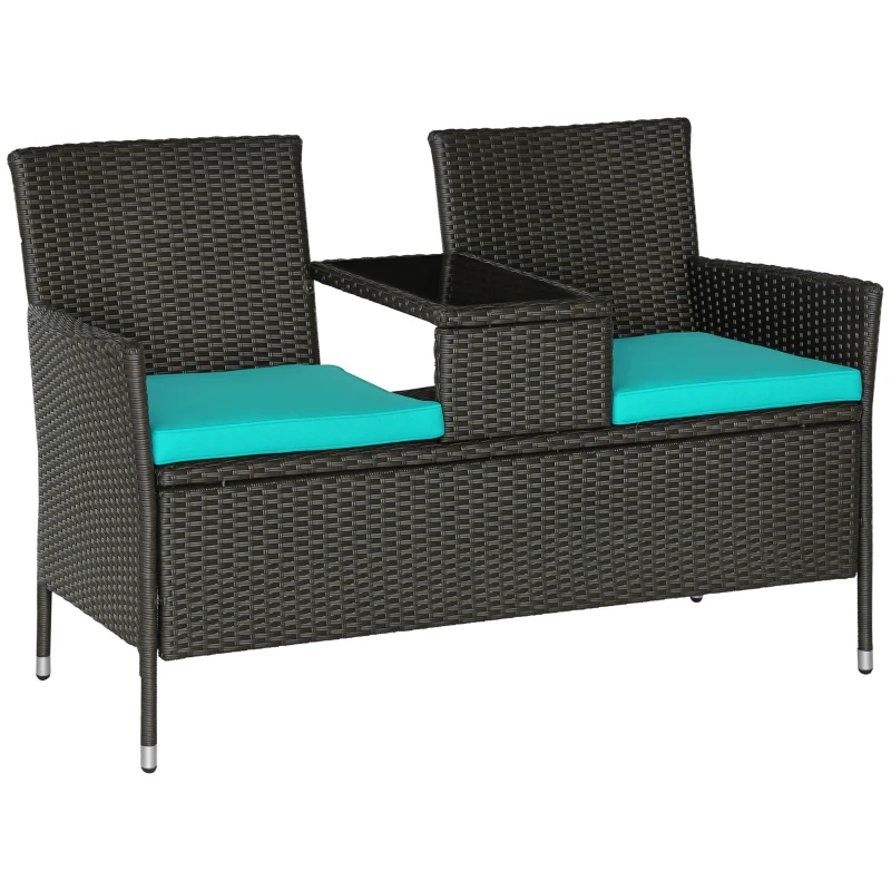 Outsunny Outdoor Patio Loveseat Conversation Furniture Set, Cushions & Built-in Coffee Table, Small 2-in-1 2 Person Seating for Front Porch, Balcony, Blue