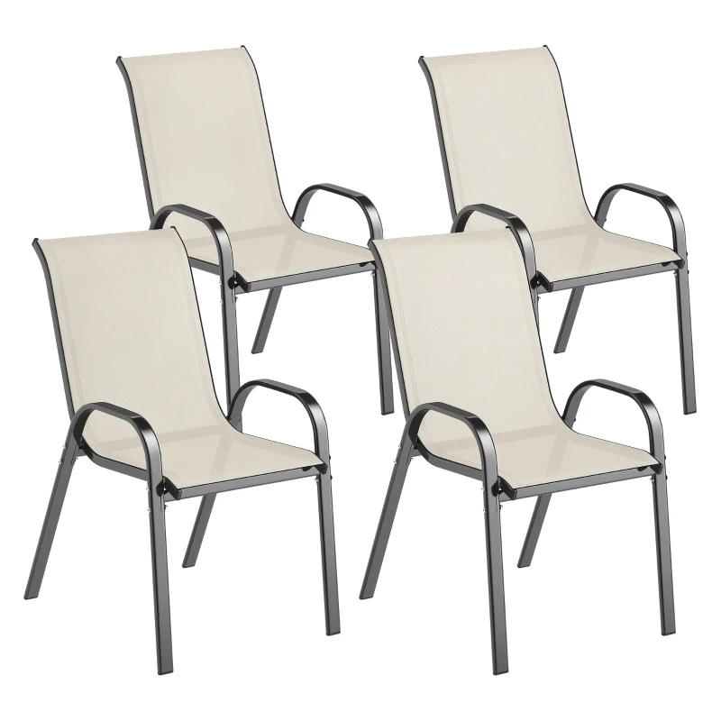Outsunny Set of 4 Outdoor Dining Chairs, Stackable Patio Chairs with High Back, Breathable Mesh Seat for Garden Lawn, Beige