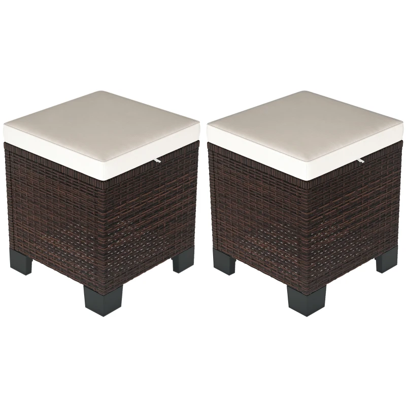 Outsunny 2 Piece Wicker Outdoor Ottomans with Cushions, Rattan Ottoman Footrest and Side Table for Patio, Yard, Poolside, Beige