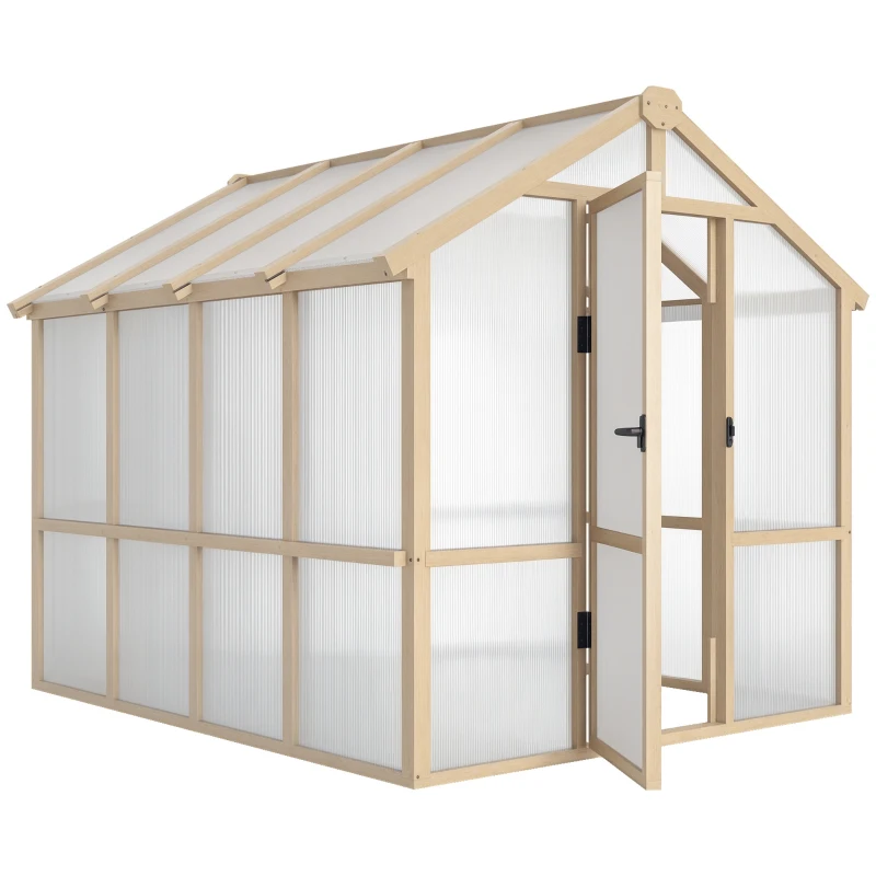 Outsunny 6.6 x 8 ft. Polycarbonate Greenhouse Wooden Walk-in Greenhouse Kit with Thickened Panels, Roof Vent, and Lockable Door