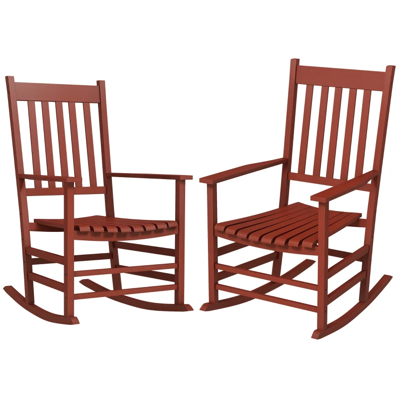 Outsunny Outdoor Rocking Chair Set of 2, Patio Rocking Chair with Smooth Curves, High Density Wooden Rockers for Lawn Garden Porch, Supports Up to 350lbs, Wine Red
