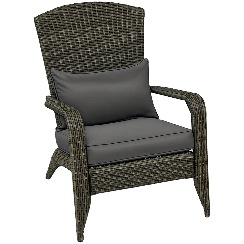 Outsunny Patio Adirondack Chair with Rattan Wicker, Soft Cushions, Tall Curved Backrest for Deck or Garden, Mixed Gray
