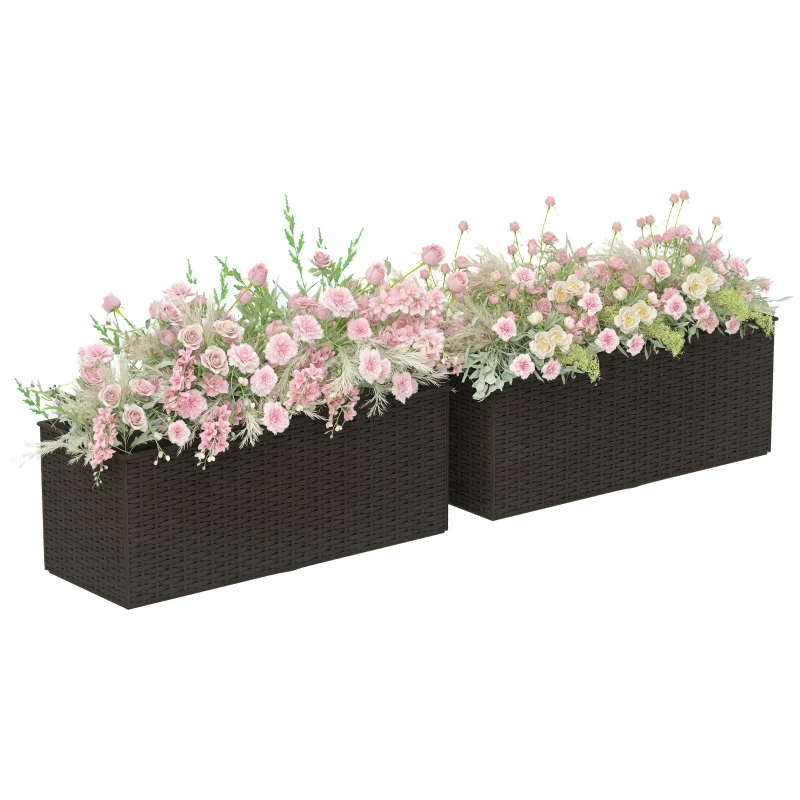 Outsunny 2 Pack 20 Inch Railing Flower Pots, Hanging Flower Pots with Hooks, Drainage Holes for Fence, Rattan Look, Brown