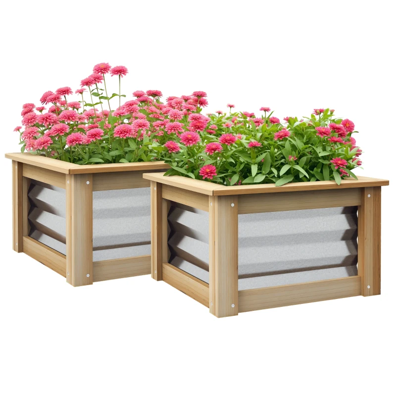 Outsunny Raised Garden Beds Set of 2, Metal and Wood Combined Planter Box, for Growing Flowers, Herbs and Vegetables