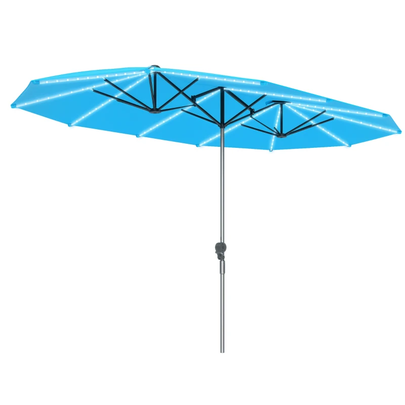 Outsunny 15ft Double-Sided Outdoor Umbrella with Solar Lights, UPF50+ Extra Large Aluminum Patio Umbrella with Crank, Blue
