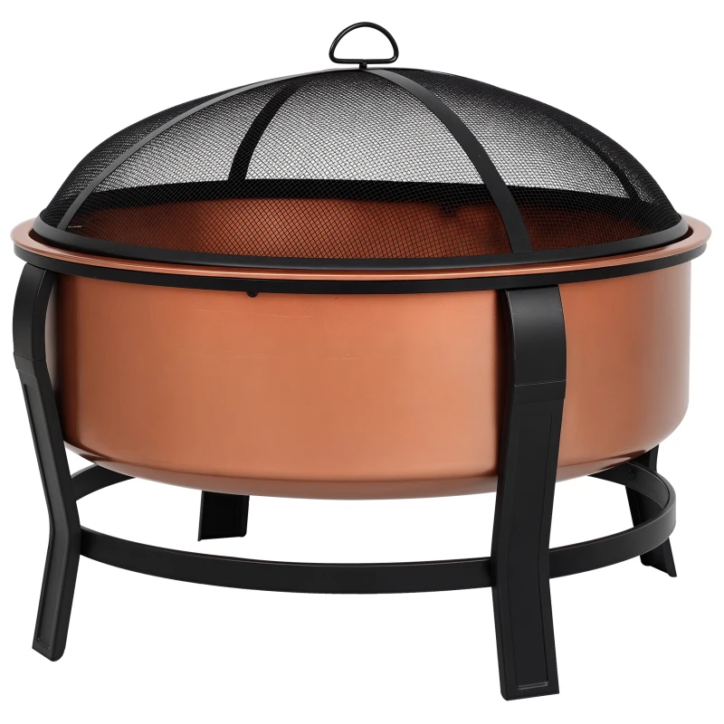 Outsunny Copper-Colored Outdoor Fire Pit Portable Round Firepit Bowl with Spark Screen Cover, Poker and Organic Black Base for Backyard Bonfire