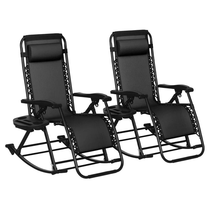 Outsunny 2 Outdoor Rocking Chairs Foldable Reclining Zero Gravity Lounge Rockers w/ Pillow Cup & Phone Holder, Black