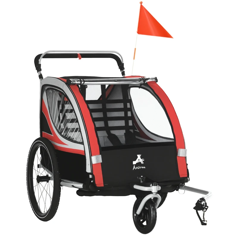 Aosom 2-in-1 Walk/Ride Child Baby Bike Trailer for Kids 2 Seater, High-Visibility Bike Stroller for Toddler Wagon, Weather-Strong Double Bicycle Trailer Accessory for Kids, Red