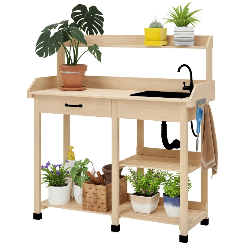 Outsunny Potting Bench Table, Outdoor Garden Table Wooden Work Station with Removable Sink, Faucet, Drawer, Shelves, Hooks, Natural Wood