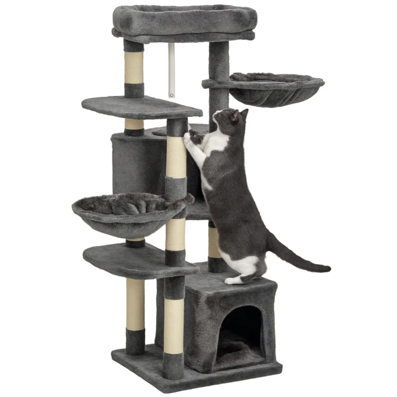 PawHut 52.5" Cat Tree Tower with Scratching Posts, Cat Condos, Bed, Platforms, Hammocks, for Indoor Cats, Dark Grey