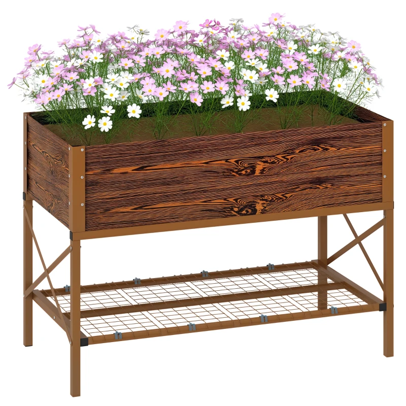 Outsunny Galvanized Raised Garden Bed, Metal Planter Box with Legs, Storage Shelf and Bed Liner, Dark Brown