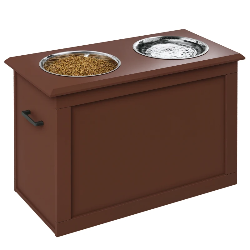 PawHut Elevated Dog Bowls for Large Dogs with Storage 2 Stainless Steel Dog Bowls， Elevated Base for Large Dogs, Brown